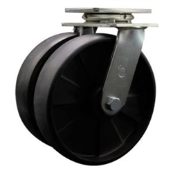 Dual wheel swivel caster with 8 inch durable glass filled nylon wheels.