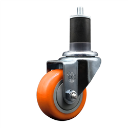 Service Caster 1-5/8 inch expanding stem swivel caster with a 3 inch orange polyurethane wheel. Featuring a zinc plated finish, these casters are ideal for work tables, shop projects, and any equipment with round or square tube legs.