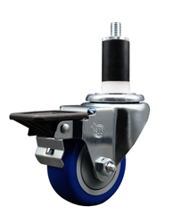 Service Caster swivel caster with a 3 inch Blue polyurethane wheel. Featuring a zinc plated finish, these casters are ideal for work tables, shop projects, and any equipment with round or square tube legs.