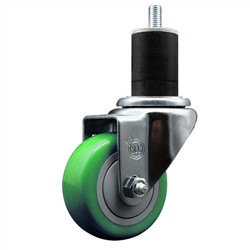 Service Caster 1-3/4 inch expanding stem swivel caster with a 3 inch green polyurethane wheel. Featuring a zinc plated finish, these casters are ideal for work tables, shop projects, and any equipment with round or square tube legs.