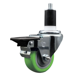 Service Caster 1-1/2 inch expanding stem swivel caster with a 3 inch green polyurethane wheel and a posi lock brake. Featuring a zinc finish, these casters are ideal for work tables, shop projects, and any equipment with round or square tube legs.