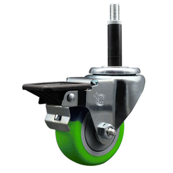 Service Caster 3/4 inch expanding stem swivel caster with a 3 inch green polyurethane wheel and a posi lock brake. Featuring a zinc finish, these casters are ideal for work tables, shop projects, and any equipment with round or square tube legs.