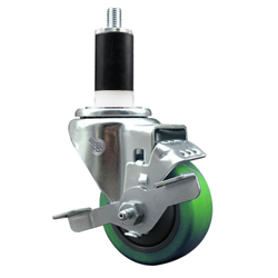 Service Caster 1-3/8 inch expanding stem swivel caster with a 3 inch green polyurethane wheel and a brake. Featuring a zinc plated finish, these casters are ideal for work tables, shop projects, and any equipment with round or square tube legs.