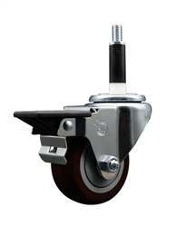 Service Caster swivel caster with a 3 inch Maroon polyurethane wheel. Featuring a zinc plated finish, these casters are ideal for work tables, shop projects, and any equipment with round or square tube legs.