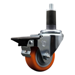 Service Caster 1-1/4 inch expanding stem swivel caster with a 3 inch orange polyurethane wheel and a posi lock brake. Featuring a zinc finish, these casters are ideal for work tables, shop projects, and any equipment with round or square tube legs.