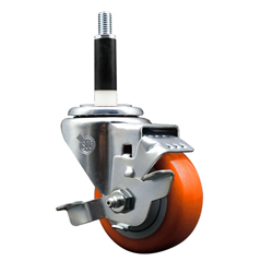 Service Caster 7/8 inch expanding stem swivel caster with a 3 inch orange polyurethane wheel and a brake. Featuring a zinc plated finish, these casters are ideal for work tables, shop projects, and any equipment with round or square tube legs.