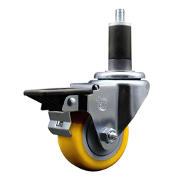 Service Caster 1-1/4 inch expanding stem swivel caster with a 3 inch yellow polyurethane wheel and a posi lock brake. Featuring a zinc finish, these casters are ideal for work tables, shop projects, and any equipment with round or square tube legs.