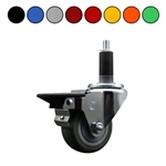 Service Caster swivel caster with a 3 inch polyurethane wheel. Featuring a zinc plated finish, these casters are ideal for work tables, shop projects, and any equipment with round or square tube legs.