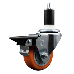 Service Caster 1-3/8 inch expanding stem swivel caster with a 3 inch orange polyurethane wheel and a posi lock brake. Featuring a zinc finish, these casters are ideal for work tables, shop projects, and any equipment with round or square tube legs.