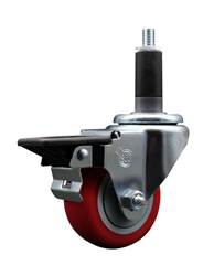 Service Caster swivel caster with a 3 inch Red polyurethane wheel. Featuring a zinc plated finish, these casters are ideal for work tables, shop projects, and any equipment with round or square tube legs.