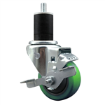 Service Caster 1-3/4 inch expanding stem swivel caster with a 3 inch green polyurethane wheel and a brake. Featuring a zinc plated finish, these casters are ideal for work tables, shop projects, and any equipment with round or square tube legs.