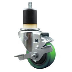 Service Caster 1-7/8 inch expanding stem swivel caster with a 3 inch green polyurethane wheel and a brake. Featuring a zinc plated finish, these casters are ideal for work tables, shop projects, and any equipment with round or square tube legs.