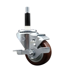 Service Caster 3/4 inch expanding stem swivel caster with a 3 inch maroon polyurethane wheel and a brake. Featuring a zinc plated finish, these casters are ideal for work tables, shop projects, and any equipment with round or square tube legs.