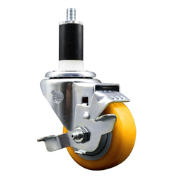 Service Caster 1-3/8 inch expanding stem swivel caster with a 3 inch yellow polyurethane wheel and a brake. Featuring a zinc plated finish, these casters are ideal for work tables, shop projects, and any equipment with round or square tube legs.