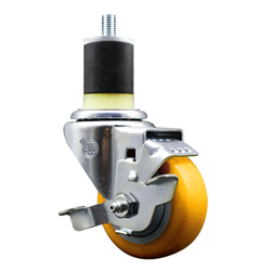 Service Caster 1-7/8 inch expanding stem swivel caster with a 3 inch yellow polyurethane wheel and a brake. Featuring a zinc plated finish, these casters are ideal for work tables, shop projects, and any equipment with round or square tube legs.