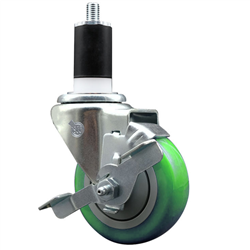 Service Caster 1-1/2 inch expanding stem swivel caster with a 3-1/2 inch green polyurethane wheel and a brake. Featuring a zinc plated finish, these casters are ideal for work tables, shop projects, and any equipment with round or square tube legs.