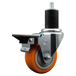 Service Caster 1-3/4 inch expanding stem swivel caster with a 3-1/2 inch orange polyurethane wheel and a posi lock brake. Featuring a zinc finish, these casters are ideal for work tables, shop projects, and any equipment with round or square tube legs.