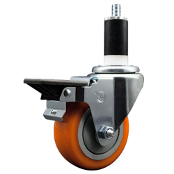 Service Caster 1-3/8 inch expanding stem swivel caster with a 3-1/2 inch orange polyurethane wheel and a posi lock brake. Featuring a zinc finish, these casters are ideal for work tables, shop projects, and any equipment with round or square tube legs.