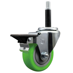 Service Caster 3/4 inch expanding stem swivel caster with a 3-1/2 inch green polyurethane wheel and a posi lock brake. Featuring a zinc finish, these casters are ideal for work tables, shop projects, and any equipment with round or square tube legs.