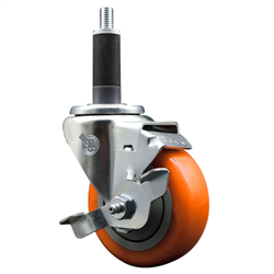 Service Caster 1 inch expanding stem swivel caster with a 3-1/2 inch orange polyurethane wheel and a brake. Featuring a zinc plated finish, these casters are ideal for work tables, shop projects, and any equipment with round or square tube legs.