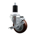 Service Caster 1-1/2 inch expanding stem swivel caster with a 3-1/2 inch maroon polyurethane wheel and a brake. Featuring a zinc plated finish, these casters are ideal for work tables, shop projects, and any equipment with round or square tube legs.