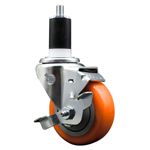 Service Caster 1-1/2 inch expanding stem swivel caster with a 3-1/2 inch orange polyurethane wheel and a brake. Featuring a zinc plated finish, these casters are ideal for work tables, shop projects, and any equipment with round or square tube legs.