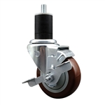 Service Caster 1-3/4 inch expanding stem swivel caster with a 3-1/2 inch maroon polyurethane wheel and a brake. Featuring a zinc plated finish, these casters are ideal for work tables, shop projects, and any equipment with round or square tube legs.