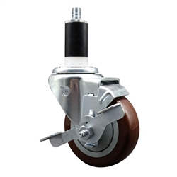 Service Caster 1-3/8 inch expanding stem swivel caster with a 3-1/2 inch maroon polyurethane wheel and a brake. Featuring a zinc plated finish, these casters are ideal for work tables, shop projects, and any equipment with round or square tube legs.