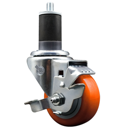 Service Caster 1-5/8 inch expanding stem swivel caster with a 3-1/2 inch orange polyurethane wheel and a brake. Featuring a zinc plated finish, these casters are ideal for work tables, shop projects, and any equipment with round or square tube legs.