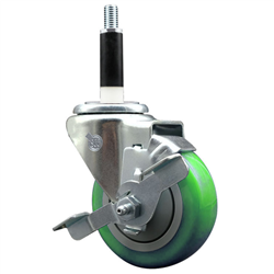 Service Caster 7/8 inch expanding stem swivel caster with a 3-1/2 inch green polyurethane wheel and a brake. Featuring a zinc plated finish, these casters are ideal for work tables, shop projects, and any equipment with round or square tube legs.