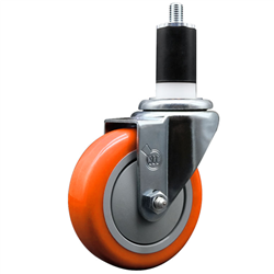 Service Caster 1-1/2 inch expanding stem swivel caster with a 4 inch orange polyurethane wheel. Featuring a zinc plated finish, these casters are ideal for work tables, shop projects, and any equipment with round or square tube legs.