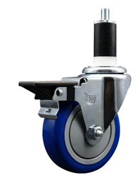 Service Caster swivel caster with a 4 inch Blue polyurethane wheel. Featuring a zinc plated finish, these casters are ideal for work tables, shop projects, and any equipment with round or square tube legs.