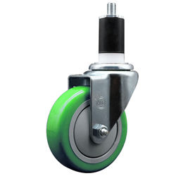 Service Caster 1-1/2 inch expanding stem swivel caster with a 4 inch green polyurethane wheel. Featuring a zinc plated finish, these casters are ideal for work tables, shop projects, and any equipment with round or square tube legs.