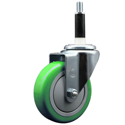 Service Caster 7/8 inch expanding stem swivel caster with a 4 inch green polyurethane wheel. Featuring a zinc plated finish, these casters are ideal for work tables, shop projects, and any equipment with round or square tube legs.