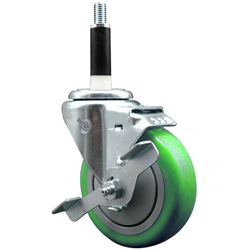 Service Caster 7/8 inch expanding stem swivel caster with a 4 inch green polyurethane wheel and a brake. Featuring a zinc plated finish, these casters are ideal for work tables, shop projects, and any equipment with round or square tube legs.