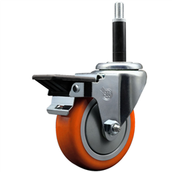 Service Caster 3/4 inch expanding stem swivel caster with a 4 inch orange polyurethane wheel and a posi lock brake. Featuring a zinc finish, these casters are ideal for work tables, shop projects, and any equipment with round or square tube legs.