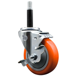 Service Caster 3/4 inch expanding stem swivel caster with a 4 inch orange polyurethane wheel and a brake. Featuring a zinc plated finish, these casters are ideal for work tables, shop projects, and any equipment with round or square tube legs.