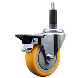 Service Caster 1 inch expanding stem swivel caster with a 4 inch yellow polyurethane wheel and a posi lock brake. Featuring a zinc finish, these casters are ideal for work tables, shop projects, and any equipment with round or square tube legs.