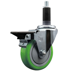 Service Caster 1-1/8 inch expanding stem swivel caster with a 4 inch green polyurethane wheel and a posi lock brake. Featuring a zinc finish, these casters are ideal for work tables, shop projects, and any equipment with round or square tube legs.