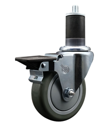 Service Caster swivel caster with a 4 inch Grey polyurethane wheel. Featuring a zinc plated finish, these casters are ideal for work tables, shop projects, and any equipment with round or square tube legs.