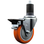 Service Caster 1-5/8 inch expanding stem swivel caster with a 4 inch orange polyurethane wheel and a posi lock brake. Featuring a zinc finish, these casters are ideal for work tables, shop projects, and any equipment with round or square tube legs.