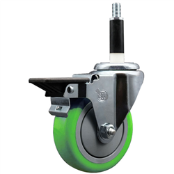 Service Caster 7/8 inch expanding stem swivel caster with a 4 inch green polyurethane wheel and a posi lock brake. Featuring a zinc finish, these casters are ideal for work tables, shop projects, and any equipment with round or square tube legs.