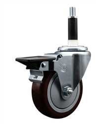 Service Caster swivel caster with a 4 inch Maroon polyurethane wheel. Featuring a zinc plated finish, these casters are ideal for work tables, shop projects, and any equipment with round or square tube legs.