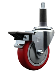 Service Caster swivel caster with a 4 inch Red polyurethane wheel. Featuring a zinc plated finish, these casters are ideal for work tables, shop projects, and any equipment with round or square tube legs.