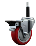 Service Caster swivel caster with a 4 inch Red polyurethane wheel. Featuring a zinc plated finish, these casters are ideal for work tables, shop projects, and any equipment with round or square tube legs.