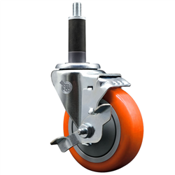 Service Caster 1 inch expanding stem swivel caster with a 4 inch orange polyurethane wheel and a brake. Featuring a zinc plated finish, these casters are ideal for work tables, shop projects, and any equipment with round or square tube legs.