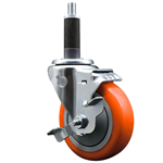 Service Caster 1-1/2 inch expanding stem swivel caster with a 4 inch orange polyurethane wheel and a brake. Featuring a zinc plated finish, these casters are ideal for work tables, shop projects, and any equipment with round or square tube legs.