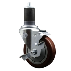 Service Caster 1-5/8 inch expanding stem swivel caster with a 4 inch maroon polyurethane wheel and a brake. Featuring a zinc plated finish, these casters are ideal for work tables, shop projects, and any equipment with round or square tube legs.