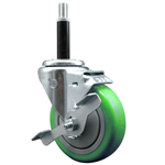 Service Caster 3/4 inch expanding stem swivel caster with a 4 inch green polyurethane wheel and a brake. Featuring a zinc plated finish, these casters are ideal for work tables, shop projects, and any equipment with round or square tube legs.