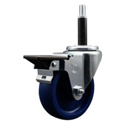 Service Caster #20 Series 3/4 inch expanding adapter stem swivel casters with a 4 inch solid blue polyurethane wheel and posi lock.